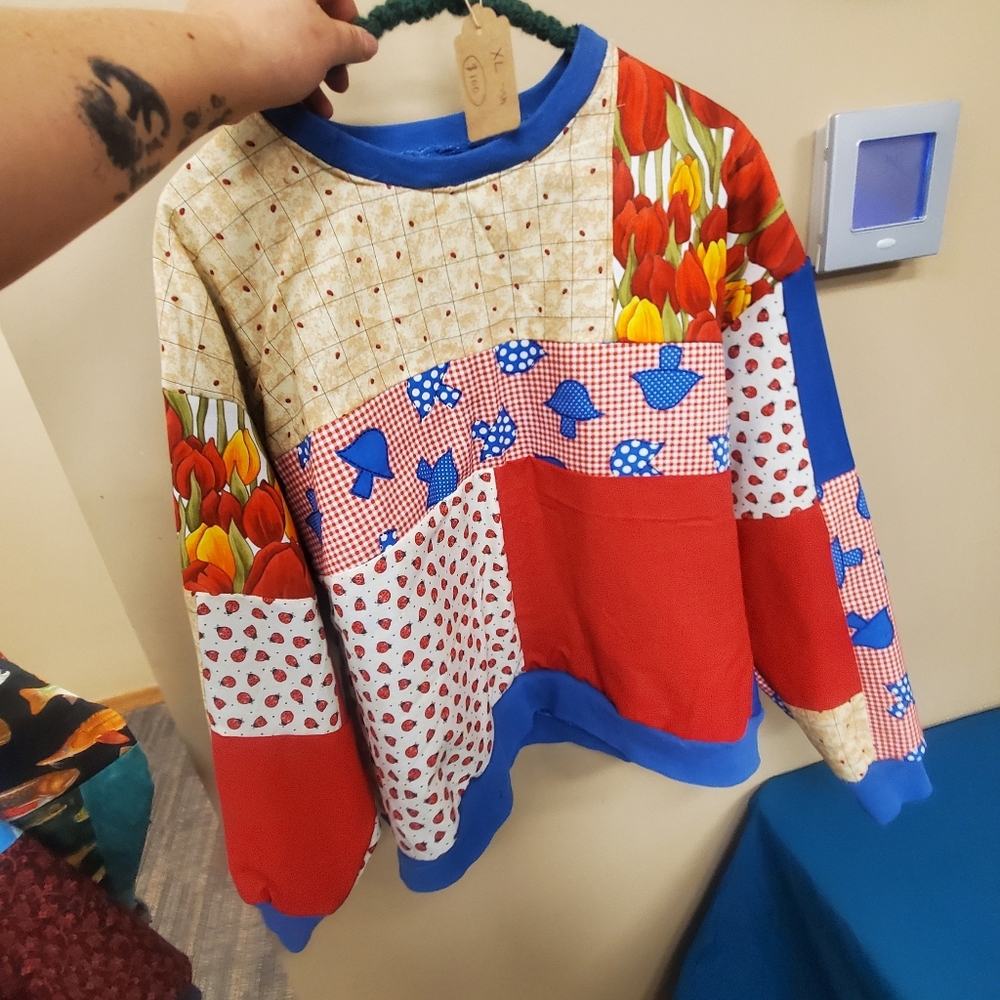 Colorful Patchwork Floral & Mushroom Pullover